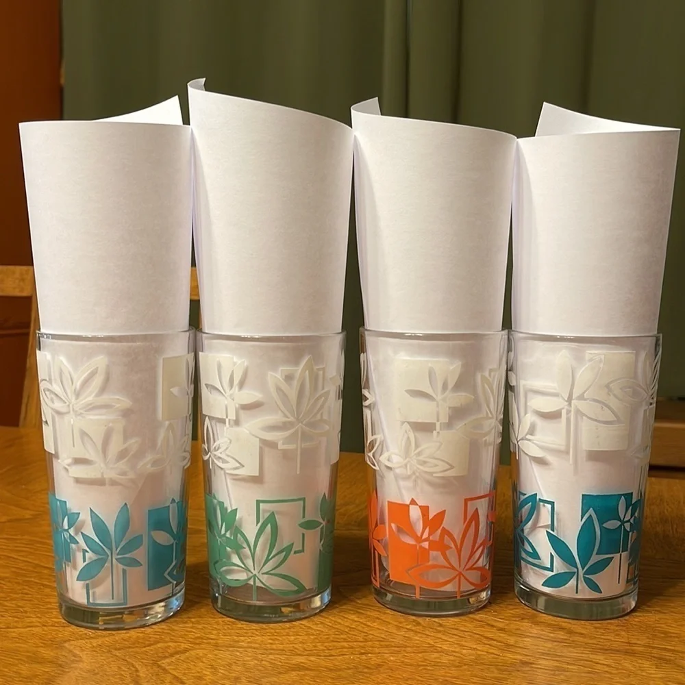 Vintage MCM Highball Tiki Juice Glass Set Peanut Butter Tiki Floral Barware Set